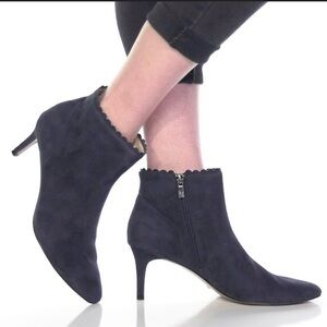 New out of box Pelle Moda Navy Suede Pointed Toe Ankle Bootie.Scalloped trim